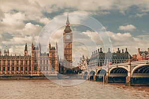 London, UK. Big Ben in Westminster Palace on River Thames