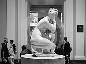 Venus Aphrodite statue at British Museum in London, black and wh