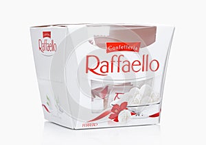 LONDON, UK -DECEMBER 07, 2017: Ferrero Raffaello in a box on white. Raffaello is a spherical coconut almond confection that manufa