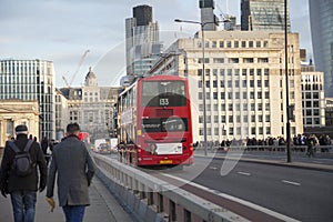 LONDON, UK December 2017: Red double decker bus public transport, high dynamic range
