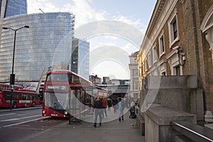 LONDON, UK December 2017: Red double decker bus public transport, high dynamic range