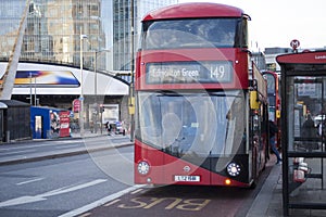 LONDON, UK December 2017: Red double decker bus public transport, high dynamic range