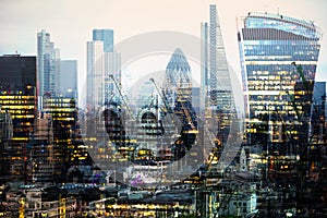 Walkie-talkie building and Canary Wharf banking and office aria at the background. London, UK