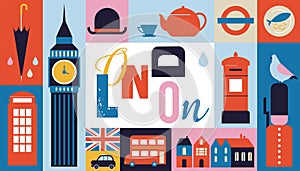 London, Uk, England geometrical banner design. Colorful modular illustration with London buildings, umbrella, red bus