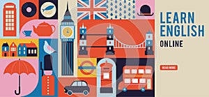 London, Uk, England geometrical banner design. Colorful modular illustration with London buildings, umbrella, red bus