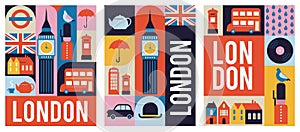 London, Uk, England geometrical banner design. Colorful modular illustration with London buildings, umbrella, red bus
