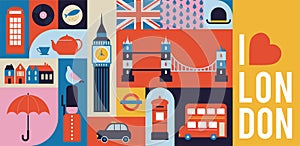 London, Uk, England geometrical banner design. Colorful modular illustration with London buildings, umbrella, red bus