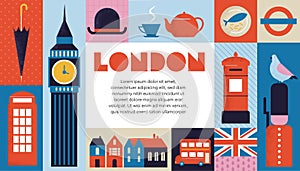 London, Uk, England geometrical banner design. Colorful modular illustration with London buildings, umbrella, red bus