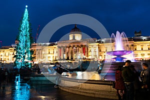 London, UK/Europe; 20/12/2019: Night view of The National Gallery and a Christmas tree in Trafalgar Square, London. Long exposure