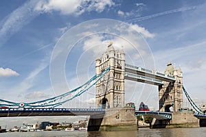 London, UK, famous Tower Bridge River Thames landscape, financial district in background