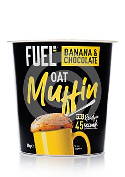 LONDON, UK - FEBRUARY 12, 2020: Cup of Fuel oat muffin porridge with banana and chocolate on white background. Ready in 45 seconds