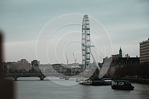 London UK February 2021 Distant view of the London eye massive ferris wheel, stopped and not moving on a cold winter day during