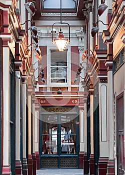 Leadenhall market closed, no people. London, UK. Empty streets City of London during national lockdown.