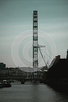 London UK February 2021 Side view of the London eye massive ferris while, stopped and not moving on a winter day during uks