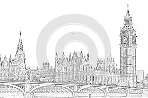 London, UK - The Houses of Parliament, Palace of Westminster, Houses of Commons and Westminster Bridge. Big Ben tower with clock.