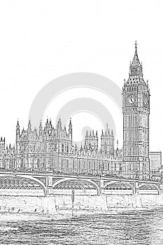 London, UK - The Houses of Parliament, Palace of Westminster, Houses of Commons and Westminster Bridge. Big Ben tower with clock.