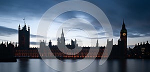 London, UK - Intentionally under-exposed panoramic view of The Houses of Parliament and the Big Ben