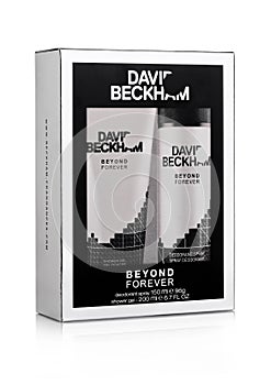 LONDON, UK - JANUARY 02, 2018: Gift Box of David Beckham Beyond Forever perfume set on white.