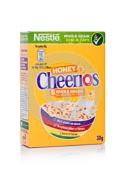 LONDON, UK - JANUARY 10, 2018: Pack of Cheerios whole grain ceral for breakfast on white.Product of Nestle