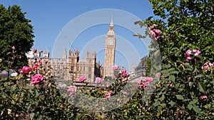 London, UK - July 11, 2022: Big Ben and the fountains Revolving Torsion at St Thomas' Hospital in London.