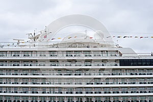 London, UK, July 14, 2019. The Viking Jupiter cruise liner, belonging to the Viking Cruise Line, docked at Greenwich