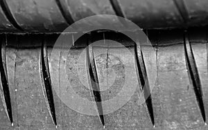 Black and white photography of tyre of tire tread