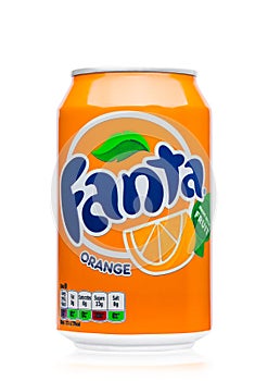 LONDON, UK - JUNE 9, 2017: Aluminum can of Fanta orange soda drink on white.produced by the Coca-Cola Company.