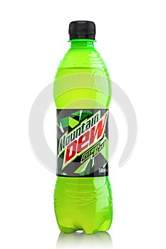 LONDON, UK - JUNE 9, 2017: Bottle of Mountain Dew drink on ice isolated on white. Mountain Dew citrus-flavored soft drink produced