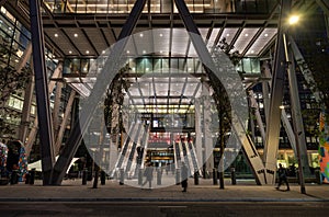 London, UK - Mar 20 2024: Entrance to the Leadenhall Building or Cheesegrater in the City of London at night