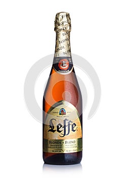 LONDON, UK - MARCH 10, 2018 : Cold bottle of Leffe Blond beer on