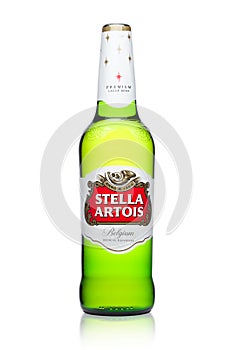 LONDON, UK -MARCH 22, 2018: Cold Bottle of Stella Artois beer on white, prominent brand of Anheuser-Busch InBev, is a pilsner brew