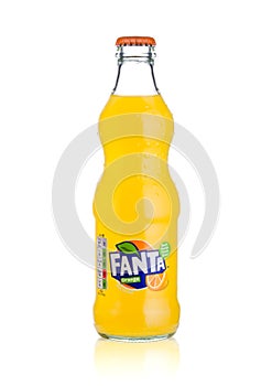 LONDON, UK - MARCH 01, 2018: Glass bottle of Fanta orange soft drink on white