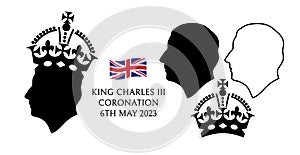 London, UK - May 6 2023: Vector Set of Profiles of British King Charles III with Crown. Illustration for English King