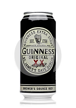 LONDON, UK - MAY 29, 2017: Alluminium can of Guinness original beer on white. Guinness beer has been produced since 1759 in Dublin