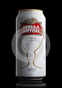 LONDON, UK - MAY 29, 2017: Alluminium can of Stella Artois beer on black. Stella Artois has been brewed since 1926 in Belgium.