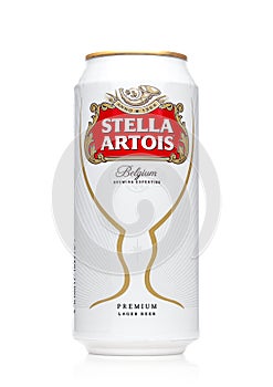 LONDON, UK - MAY 29, 2017: Alluminium can of Stella Artois beer on white. Stella Artois has been brewed since 1926 in Belgium.