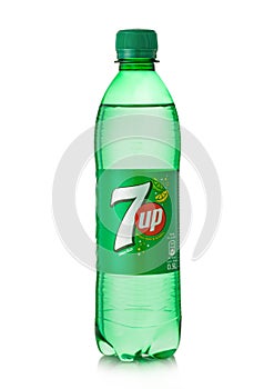 LONDON,UK - MAY 20, 2022 :  Bottle of 7UP lemon and lime soda on white background