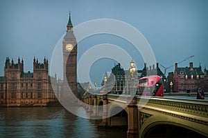 London, UK: Morning Hour View of Westminster, Big Ben and Bridge in London