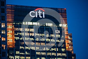 Illuminated windows of the offices of Citigroup Inc in the financial district of Canary Wharf, in London