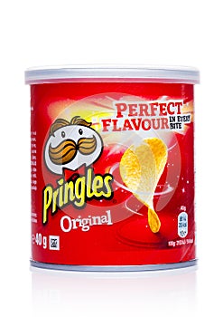 LONDON, UK - November 17, 2017: Pringles potato chips original in mini tube on white. Potato and wheat-based stackable snack chips