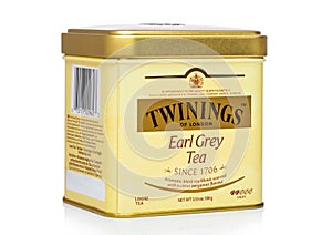 LONDON, UK - NOVEMBER 01, 2018: Steel jar box of Twinings Earl grey loose tea on white background.