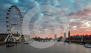 London, UK panorama.London Eye, Big Ben ,Westminster Palace on River Thames at sunset