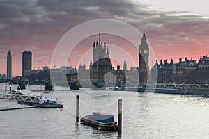 London, UK panorama. Big Ben in Westminster Palace on River Thames at sunset