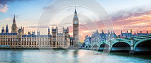 London, UK panorama. Big Ben in Westminster Palace on River Thames at sunset