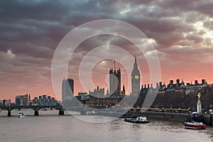 London, UK panorama. Big Ben in Westminster Palace on River Thames at sunset