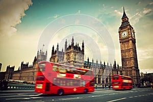 London, the UK. Red bus and Big Ben