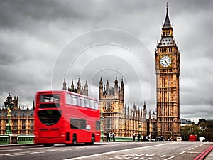 London, the UK. Red bus and Big Ben