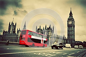 London, the UK. Red bus, Big Ben