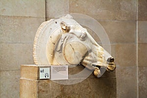 London, UK - Saturday 15th April 2015: Marble horse head in the British Museum part of the disputed Elgin Marbles