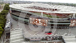 Flying by Aerial View Iconic Arsenal Emirates Stadium in London